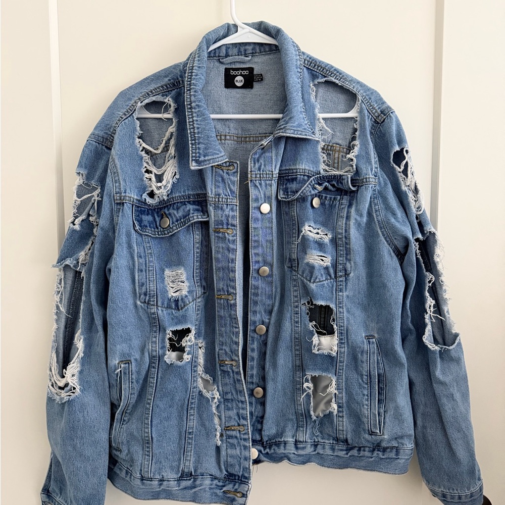Boohoo Light Blue Denim Distressed Jean Jacket